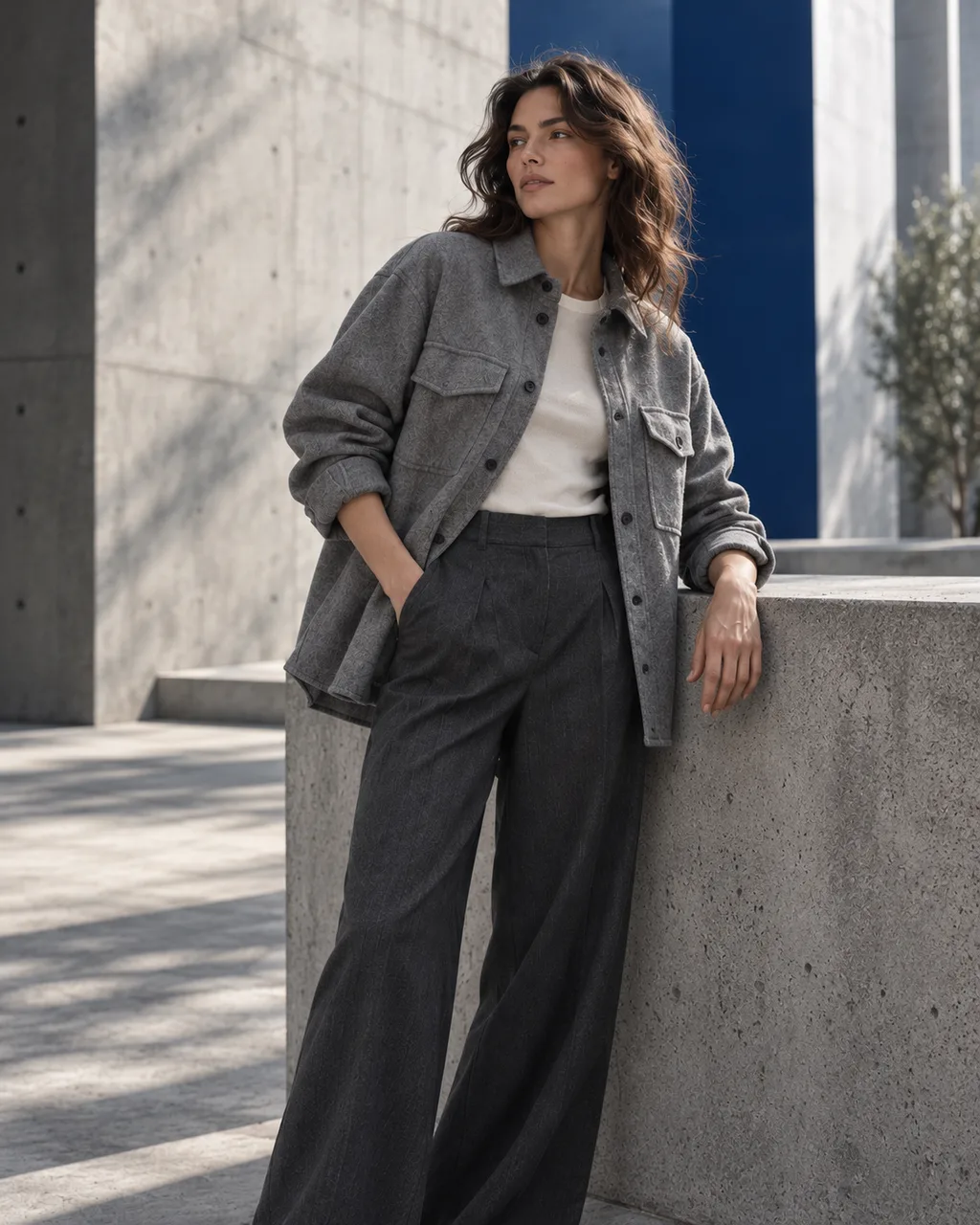 Gri overshirt ve antrasit pantolonlu yetişkin model, beton avluda