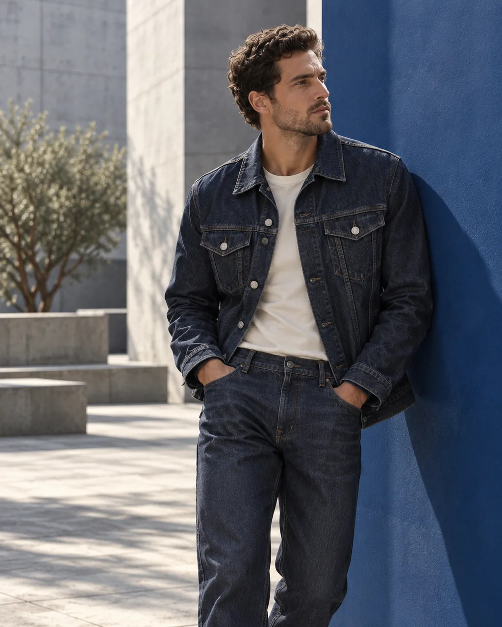 İndigo denim ceketli yetişkin model, kobalt duvarın yanında