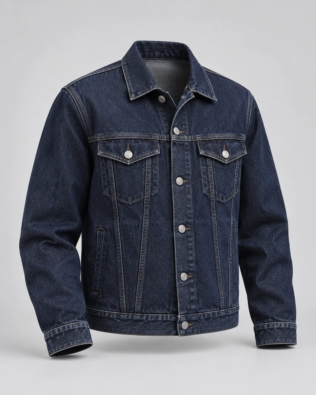 İndigo denim ceket; ön cep detayları ve metal düğmeler