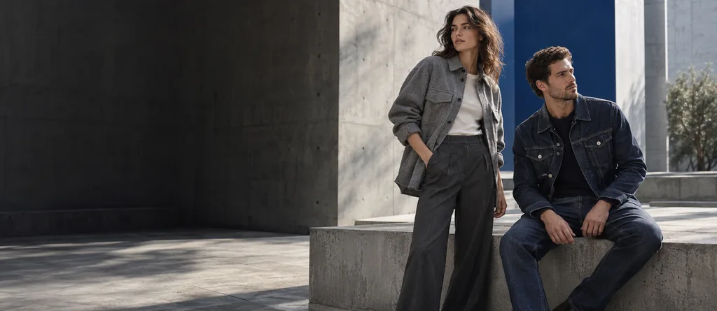 Beton avluda gri overshirt ve indigo denim ceket giyen iki yetişkin model